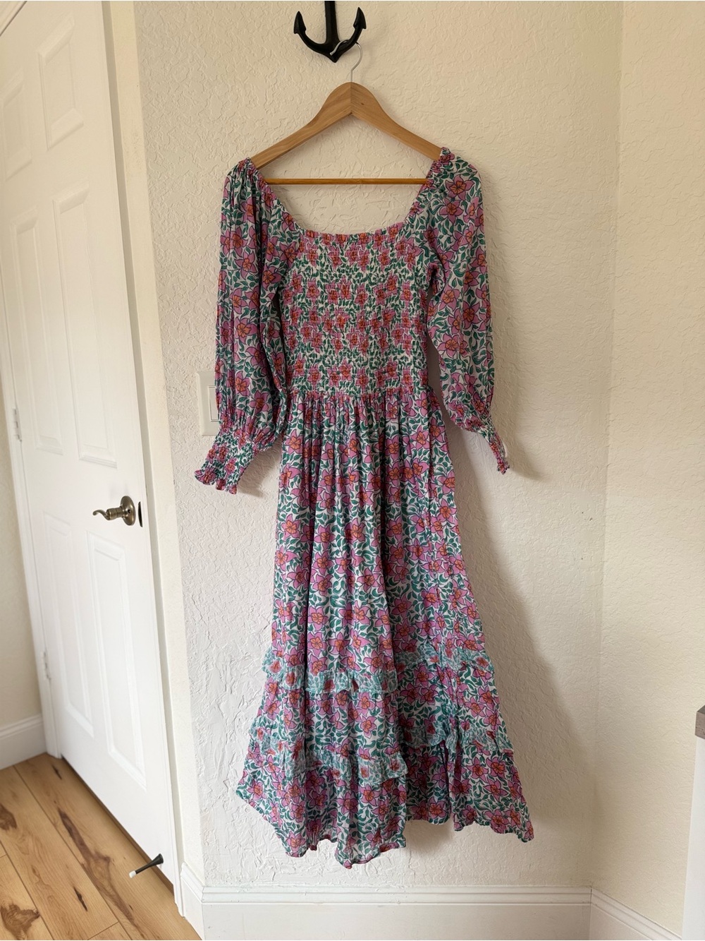 Oliphant Pink and Green Smocked Maxi Dress
